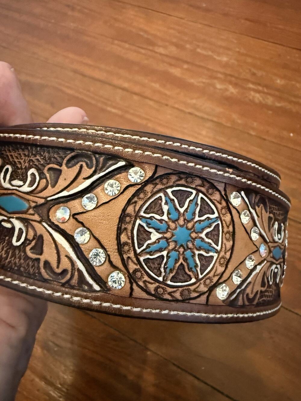 Tony Dilaz Brown Leather Turquoise Rhinestone Western Hand Tooled Belt Sz 38
